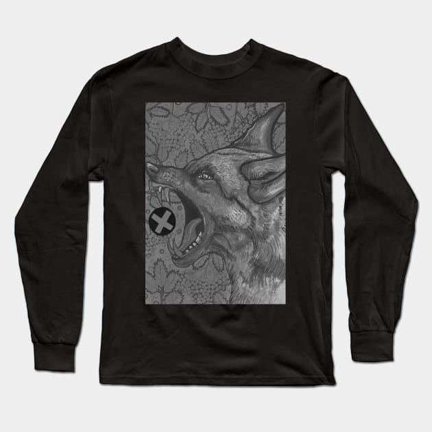 Black and white angry wolf Long Sleeve T-Shirt by deadblackpony